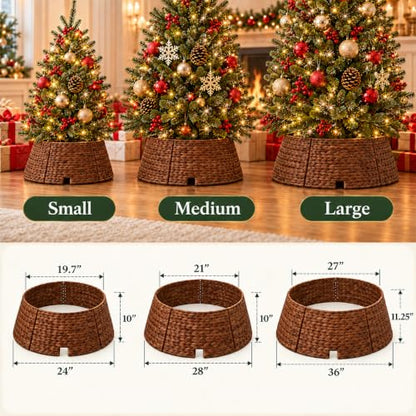 24-Inch Handwoven Water Hyacinth Christmas Tree Collar with Metal Frame - Dark Brown