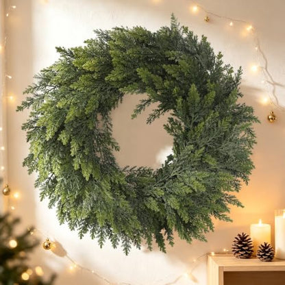 Green 26-Inch Christmas Cedar Wreath for Front Door Indoor Outdoor Decor - Real Touch Handmade Full Faux Greenery Set