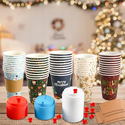 50 Pack Christmas Disposable Coffee Cups with Lids & Sleeves - 12 Oz Vintage Xmas Paper Cups for Hot & Cold Drinks