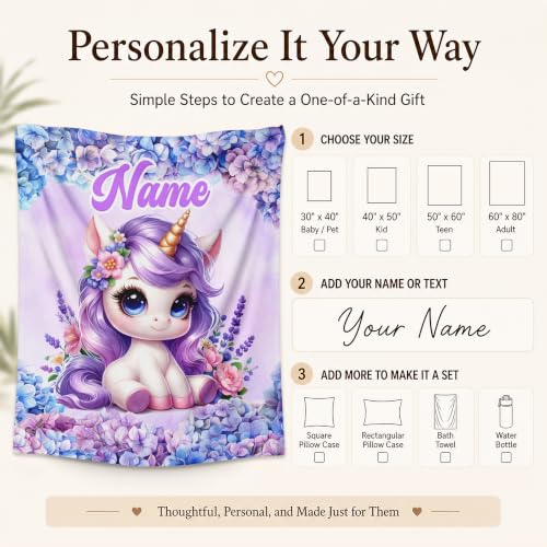 Purple Custom Unicorn Blanket for Girls - Personalized Flannel Throw for Kids & Teens