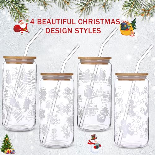 Christmas Glass Cups with Lids and Straws 16oz - Holiday Coffee Mugs Set