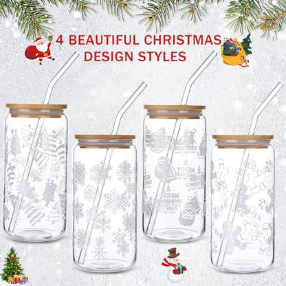Christmas Glass Cups with Lids and Straws 16oz - Holiday Coffee Mugs Set