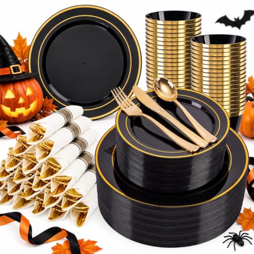 Black and Gold Plastic Dinnerware Set for 50 Guests - 350 Pieces, Includes Plates Cups Napkins
