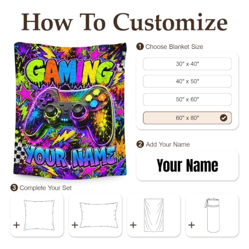 Personalized Gaming Blanket for Boys - Custom Name Gift for Kids Teens - Black