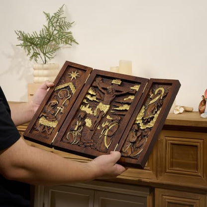 Gold 8-Inch Wooden Jesus Triptych Box Nativity Crucifixion Ascension Home Decor