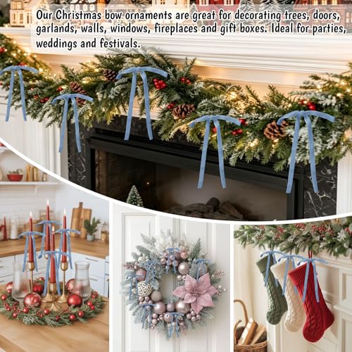 Dusty Blue Velvet Bows for Christmas Tree Decorations Set of 24 - Pre-Tied Holiday Ornaments