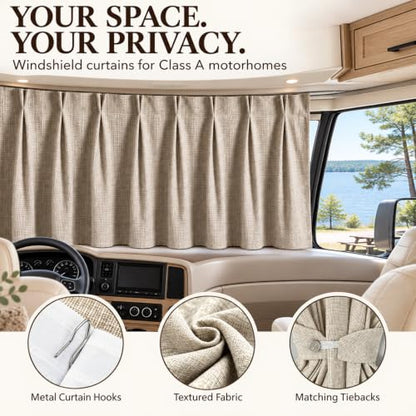 Premium Grey 2-Pack RV Windshield Curtains - 120 x 40 Inches Blackout Privacy Cover with Heavy-Duty Hooks