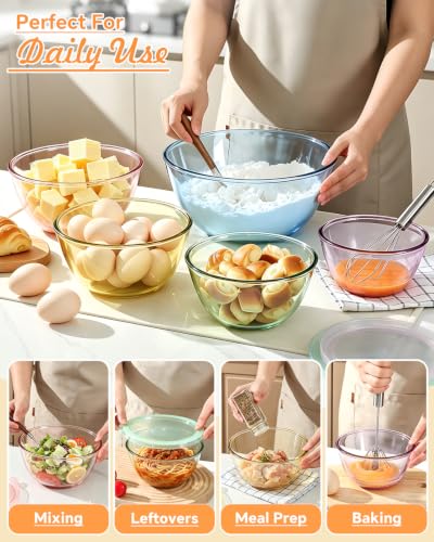 Glass Mixing Bowls Set with Lids - 5 Sizes Kitchen Prep Storage