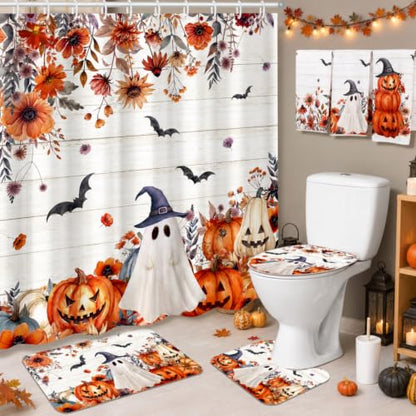 Halloween Floral Shower Curtain Set with Ghosts Pumpkins & Flowers - Tiamon