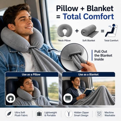 Travel Neck Pillow with Blanket Set Gray – 3-in-1 Support & Comfort for Airplane & Car