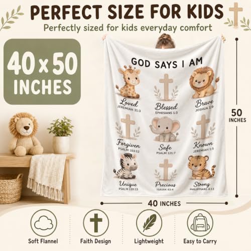 God Says I Am Safari Animal Kids Blanket 40x50 Inches - Christian Nursery Gift - Variation of God Says 01