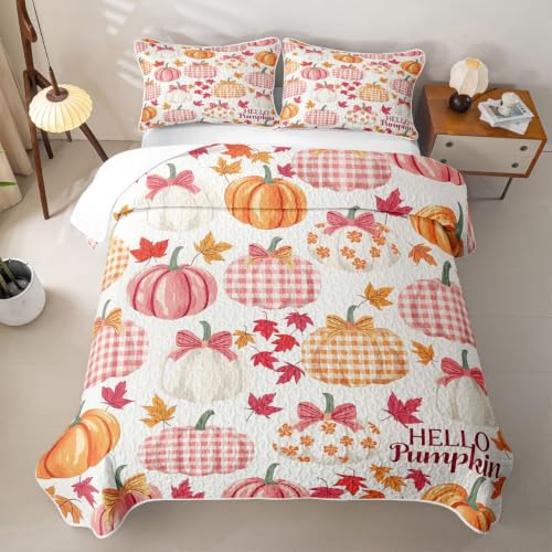 Homewish Fall Pumpkin Kids Twin Quilt Set Bedspread with Pillow Sham - Bedroom Decor