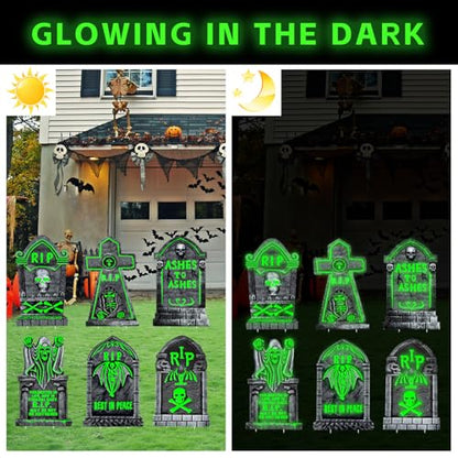 6 Pack Halloween Glow in The Dark Tombstones Decorations with Stakes - Large 16.5x10 Inch Outdoor Cemetery Props