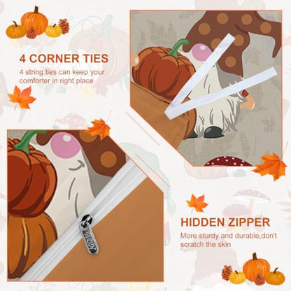 Brown Tan Queen Thanksgiving Duvet Cover Set with Gnome Pumpkin Fall Design