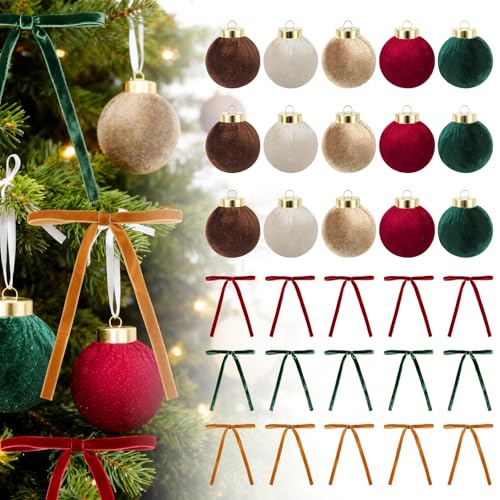 Christmas Velvet Ornaments Set with Bows - 30 Pieces Holiday Decorations