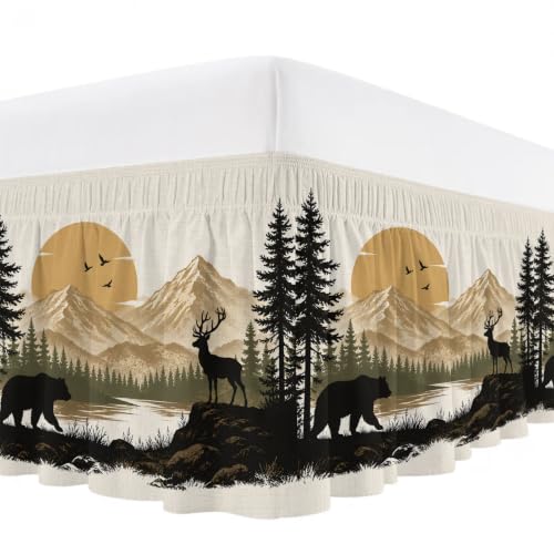 Queen Size Bear Deer Mountain Bed Skirt 16-Inch Drop Rustic Black Brown