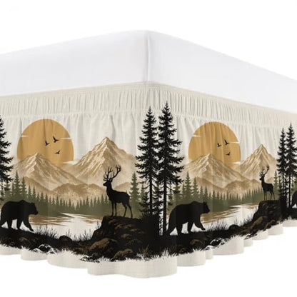 Queen Size Bear Deer Mountain Bed Skirt 16-Inch Drop Rustic Black Brown