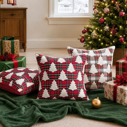 Christmas Pillow Covers 20x20 Set of 2 - Red Tartan & Tufted Tree Farmhouse Decor