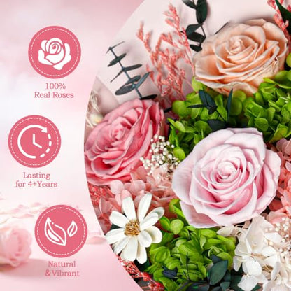 Pink Preserved Rose Bouquet Gift Box - Real Eternal Flowers for Women, Birthday, Anniversary, Valentine’s Day & Mother’s Day
