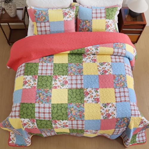 Queen Size Floral Patchwork Cotton Quilt Set with Pillow Shams - Red Yellow