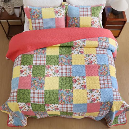 Queen Size Floral Patchwork Cotton Quilt Set with Pillow Shams - Red Yellow