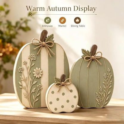 Wooden Pumpkin Decor Set - Rustic Fall Autumn Centerpieces, Sage & Cream