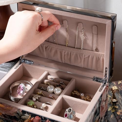Homruilink Peony Glass Jewelry Box for Women - 3 Layer, Decorative Organizer