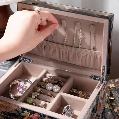 Homruilink Peony Glass Jewelry Box for Women - 3 Layer, Decorative Organizer
