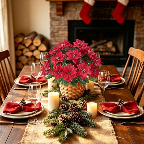 Xmas A-4 Pcs Christmas Cemetery Flowers for Grave Artificial Poinsettias - 48 Stems