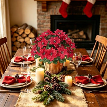 Xmas A-4 Pcs Christmas Cemetery Flowers for Grave Artificial Poinsettias - 48 Stems