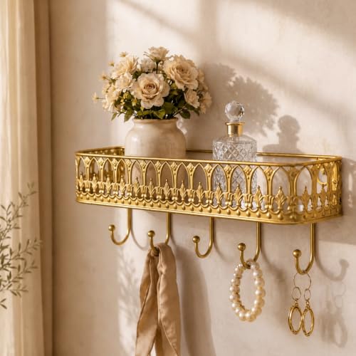 Vintage Gold Wall Mount Key Holder Shelf with 5 Hooks and Mail Rack