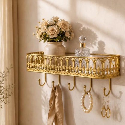 Vintage Gold Wall Mount Key Holder Shelf with 5 Hooks and Mail Rack