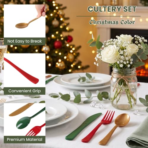 Christmas Plastic Silverware Set 300pcs Full Size Disposable Cutlery - Red Green Gold