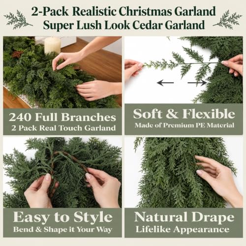 6FT Christmas Garland with Real Touch Cedar for Mantle & Porch - 2 Pack