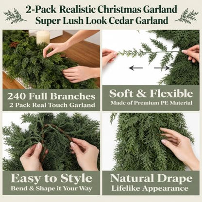 6FT Christmas Garland with Real Touch Cedar for Mantle & Porch - 2 Pack
