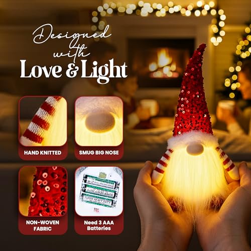 Christmas Lighted Gnome Decorations Set - Red & Green, 12 Inch Scandinavian Plush Gnomes