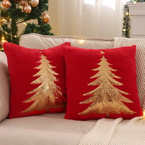 Faux Fur Christmas Pillow Covers 18x18 Set of 2 - Red Xmas Tree & Deer