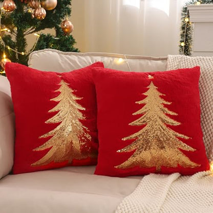 Faux Fur Christmas Pillow Covers 18x18 Set of 2 - Red Xmas Tree & Deer