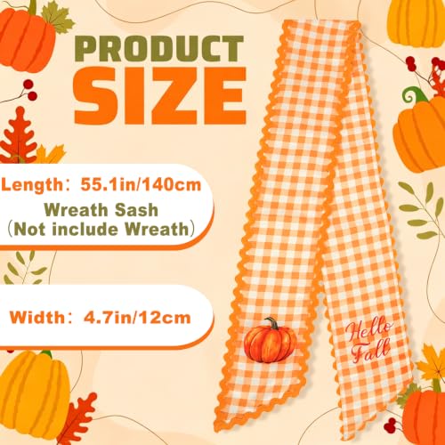 Fall Wreath Sash with Watercolor Pumpkin and Plaid Pattern - 55.1" x 4.7"