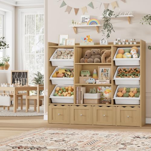 Kids Toy Storage Organizer with 10 Bins & Bookshelf - Natural
