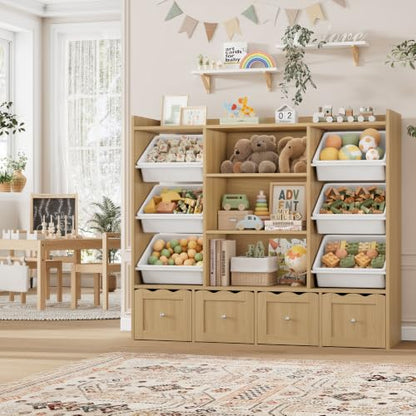 Kids Toy Storage Organizer with 10 Bins & Bookshelf - Natural