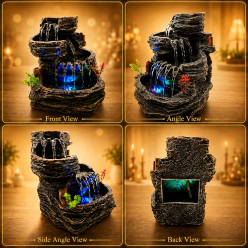 Indoor Tabletop Water Fountain with LED Light - 9.25 Inch Cascading Rock - Feng Shui Zen Decor