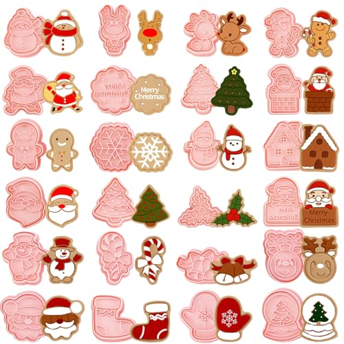 Christmas Cookie Stamps 24-Piece Gingerbread Cookie Cutters with Santa Elk Snowman Shapes
