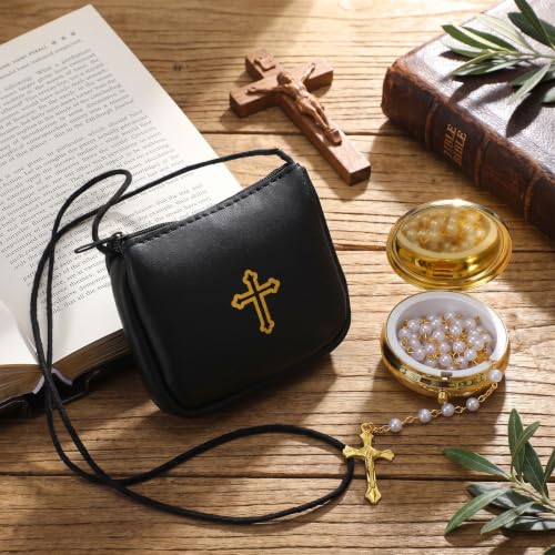 Catholic Communion Pyx Set with Leather Burse - Square, Gold Cross Design