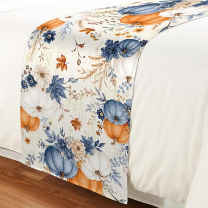 Navy Blue Fall Bed Runner Scarf King Size 94x20 Inch for Bedroom Decor - Navy Blue Beige