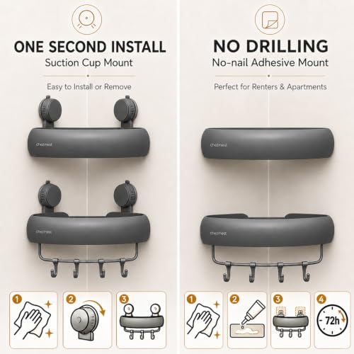 Dark Gray Corner Shower Caddy with Suction & Adhesive Mounts - Removable Bathroom Organizer Shelves