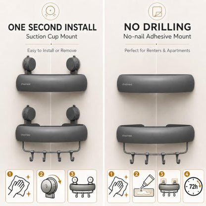 Dark Gray Corner Shower Caddy with Suction & Adhesive Mounts - Removable Bathroom Organizer Shelves