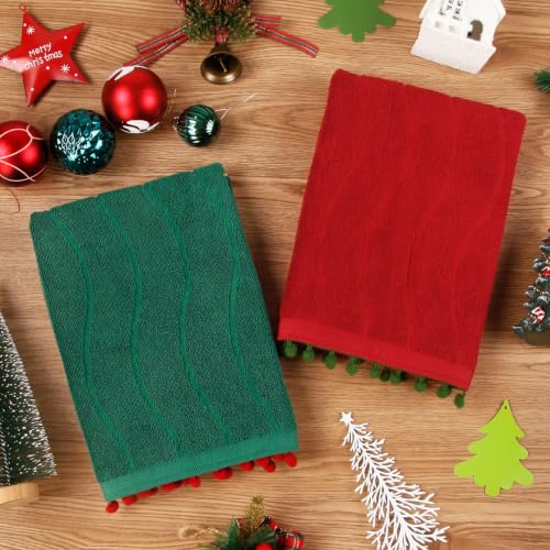 Quera Christmas Hand Towels Set - Red & Green Xmas Tree Decor with Bow - Holiday Bathroom & Kitchen