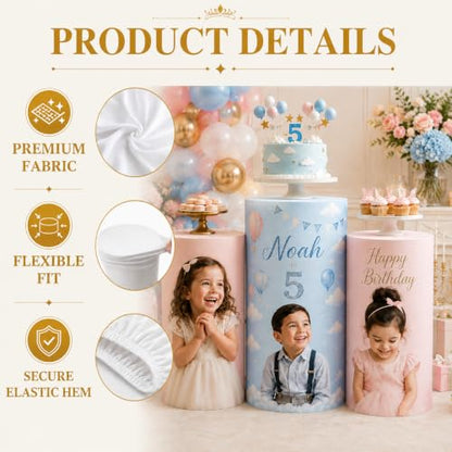 3 Pcs Custom Photo Cylinder Plinth Covers - Round Pedestal Stand Wraps with Variation 02
