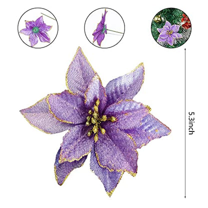Christmas Glitter Poinsettia Ornaments Pack of 12 - Purple Holiday Tree Decorations